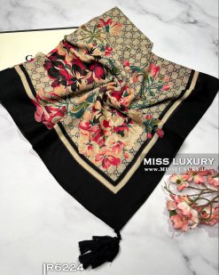 روسری نخ اعلا گل گوچی حاشیه مشکی میس لاکچری
