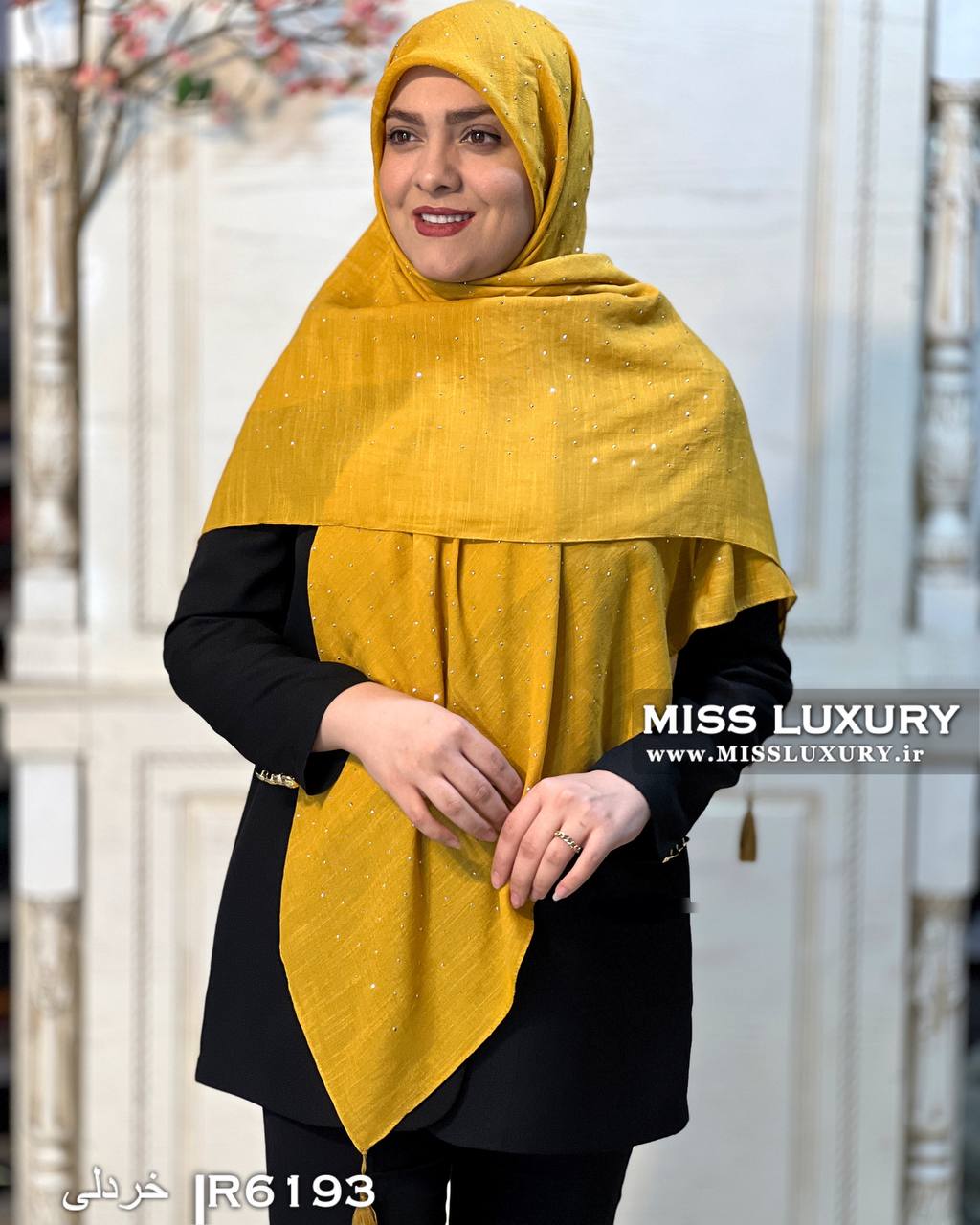 روسری نخی نگین دار خردلی اعلا میس لاکچری