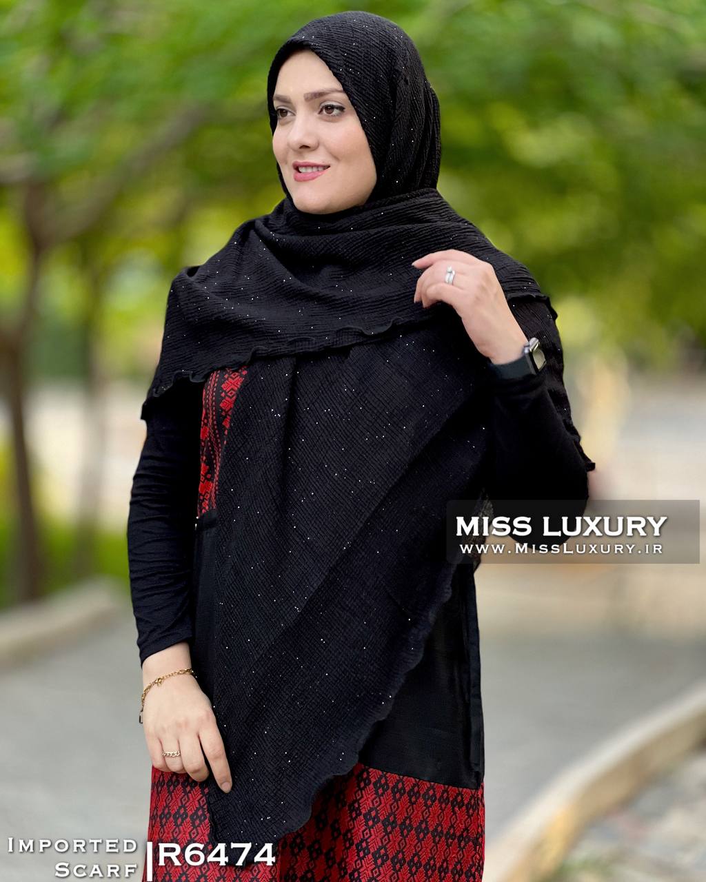 روسری مشکی پلیسه لمه دار وارداتی میس لاکچری
