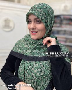 روسری نخی پلیسه سرمه ای سبز گلگلی وارداتی میس لاکچری
