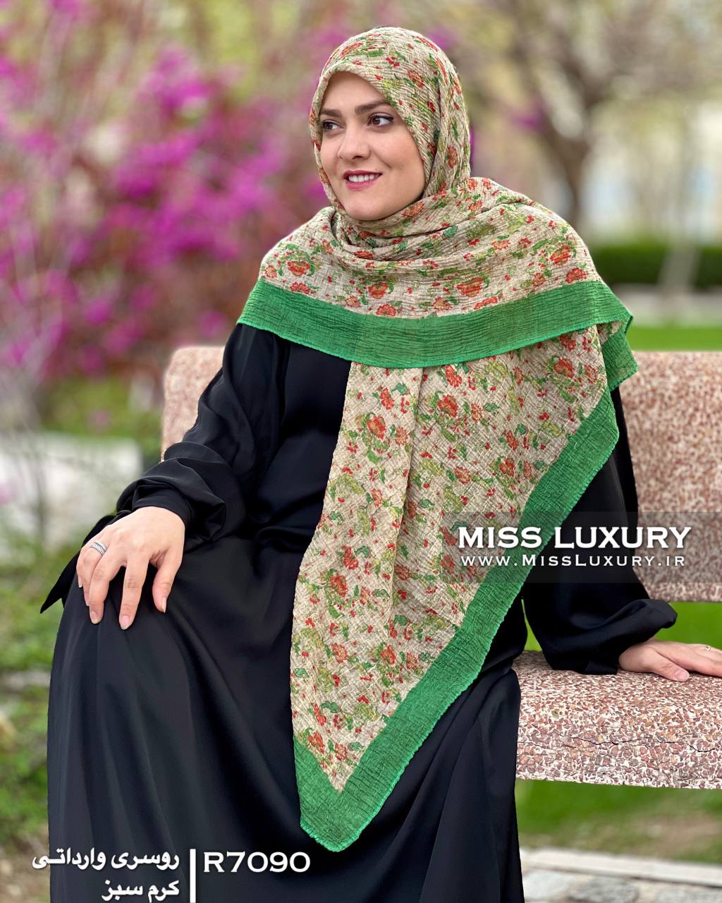 روسری نخی پلیسه کرم سبز گلگلی وارداتی میس لاکچری