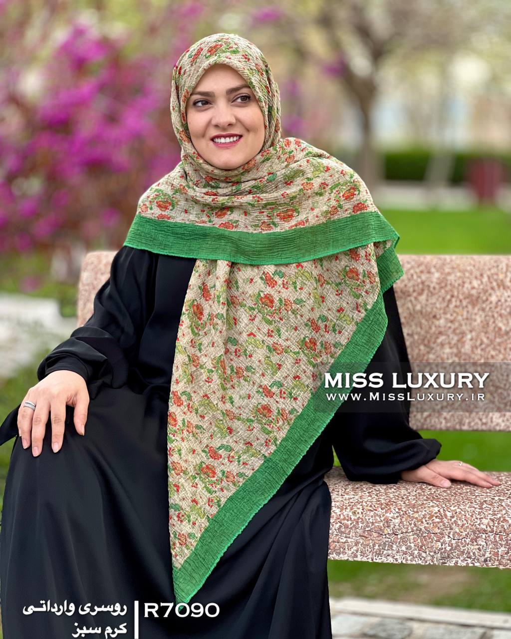 روسری نخی پلیسه کرم سبز گلگلی وارداتی میس لاکچری