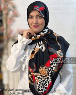 روسری توییل ابریشم مشکی قرمز میس لاکچری