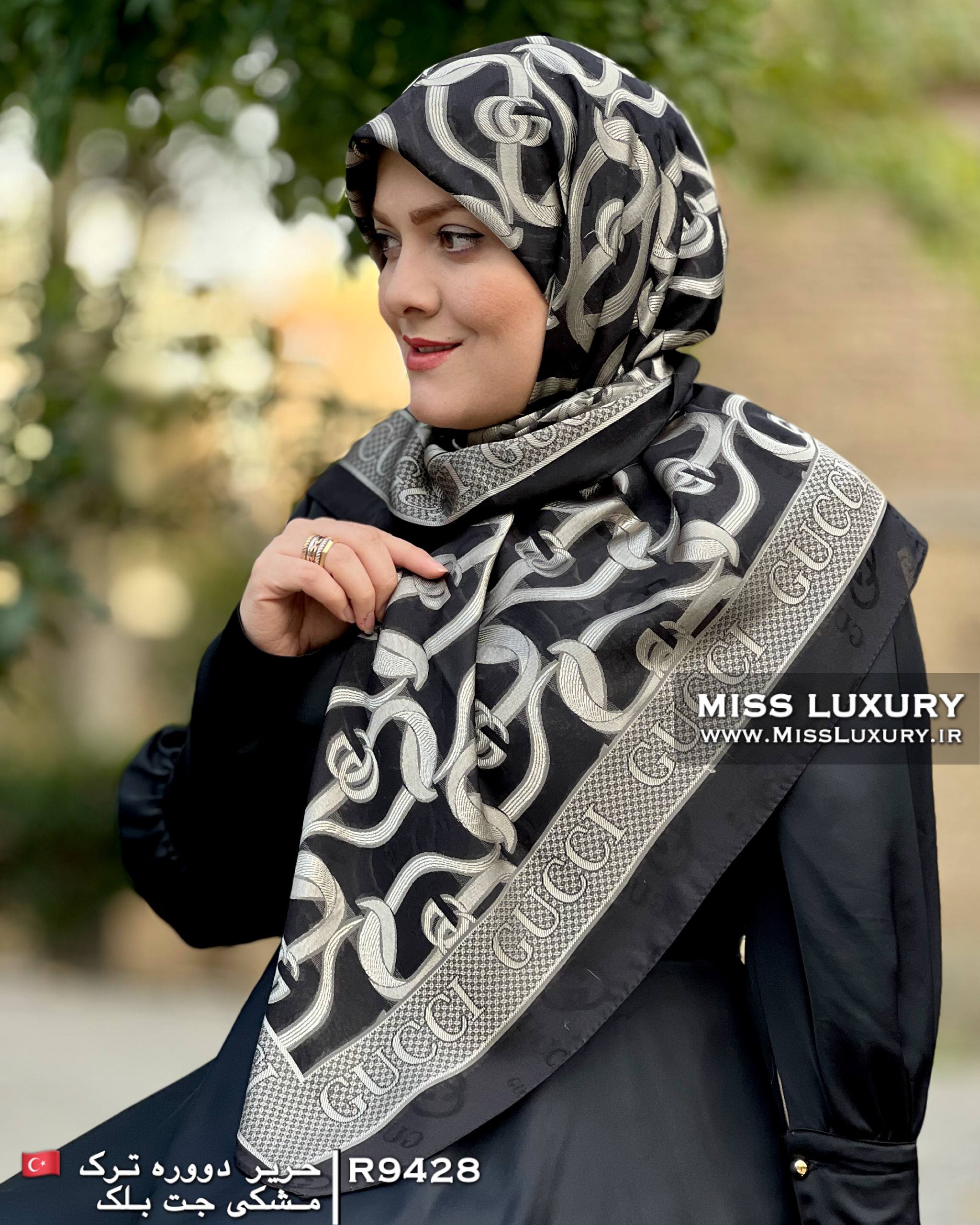 روسری حریر دووره ترک مشکی جت بلک R9428 - Image 2