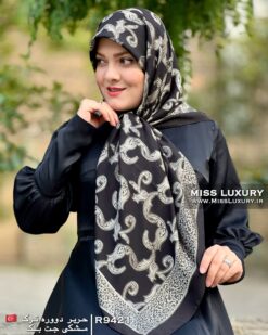 روسری حریر دووره ترک مشکی جت بلک میس لاکچری