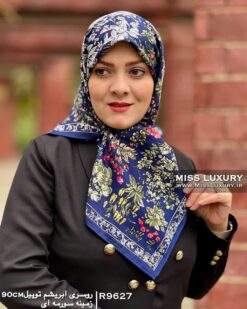 روسری ابریشم توییل زمینه سورمه ای میس لاکچری