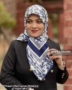 روسری ابریشم توییل سفید سورمه ای میس لاکچری