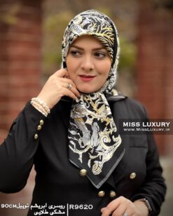 روسری ابریشم توییل مشکی طلایی میس لاکچری