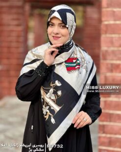 روسری ابریشم ژاکارد اعلا مشکی بژ میس لاکچری