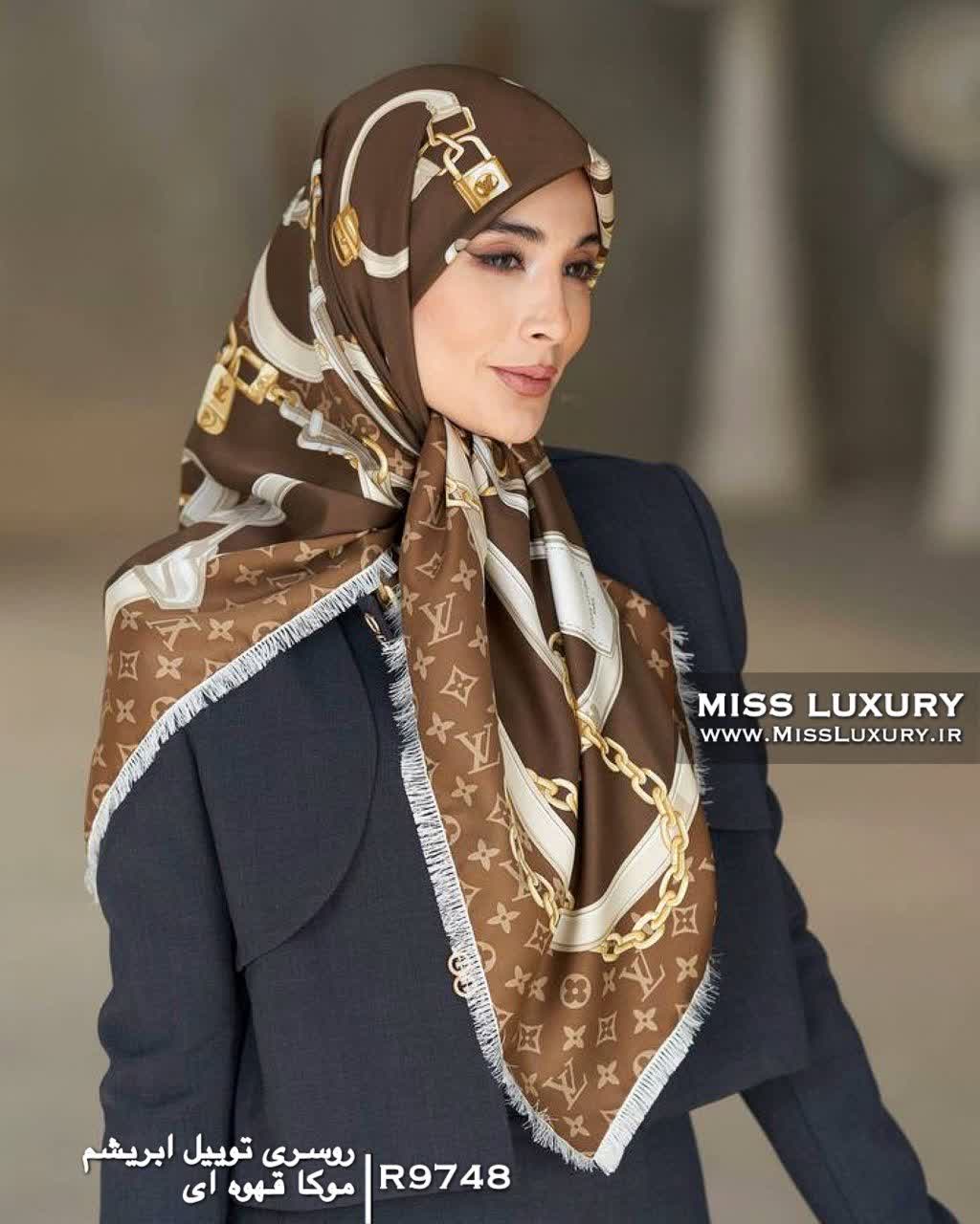 روسری توییل ابریشم موکا قهوه ای R9748 - Image 2