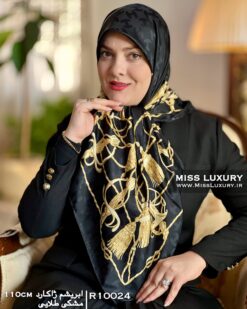 روسری ابریشم ژاکارد مشکی طلایی میس لاکچری