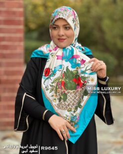 روسری توییل ابریشم وارداتی سفید آبی میس لاکچری