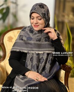 روسری ژاکارد لمه سورمه ای کرم میس لاکچری