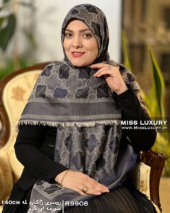 روسری ژاکارد لمه سورمه ای کرم میس لاکچری