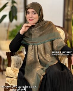 روسری ژاکارد لمه قهوه ای سبز میس لاکچری