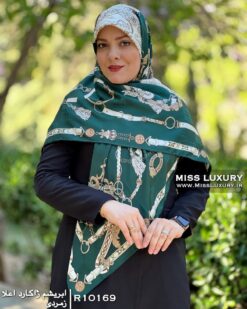روسری ابریشم ژاکارد اعلا زمردی میس لاکچری