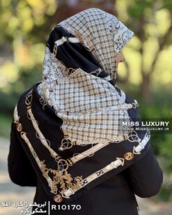 Alternative view of روسری ابریشم ژاکارد مشکی کرم R10170