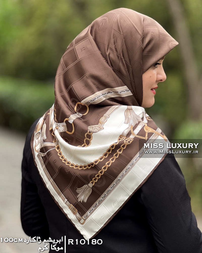 روسری ابریشم ژاکارد موکا کرم R10180 - Image 2