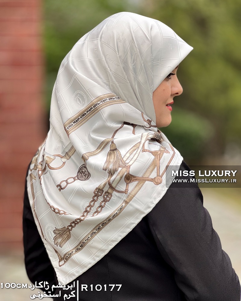 روسری ابریشم ژاکارد کرم استخونی میس لاکچری