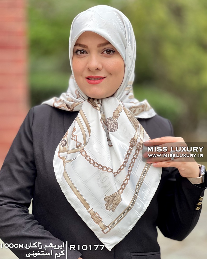 روسری ابریشم ژاکارد کرم استخونی میس لاکچری