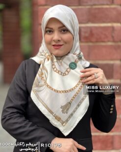 روسری ابریشم ژاکارد کرم طوسی میس لاکچری