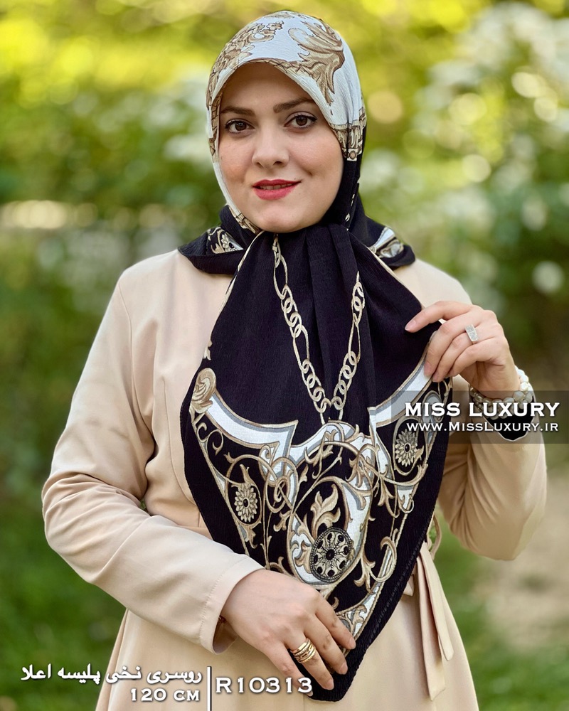روسری نخی پلیسه مشکی سفید R10313 - Image 2