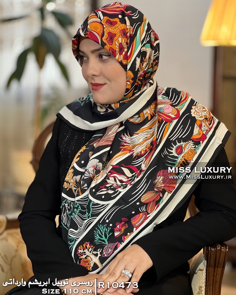 روسری ابریشم توییل مشکی R10473 - Image 2