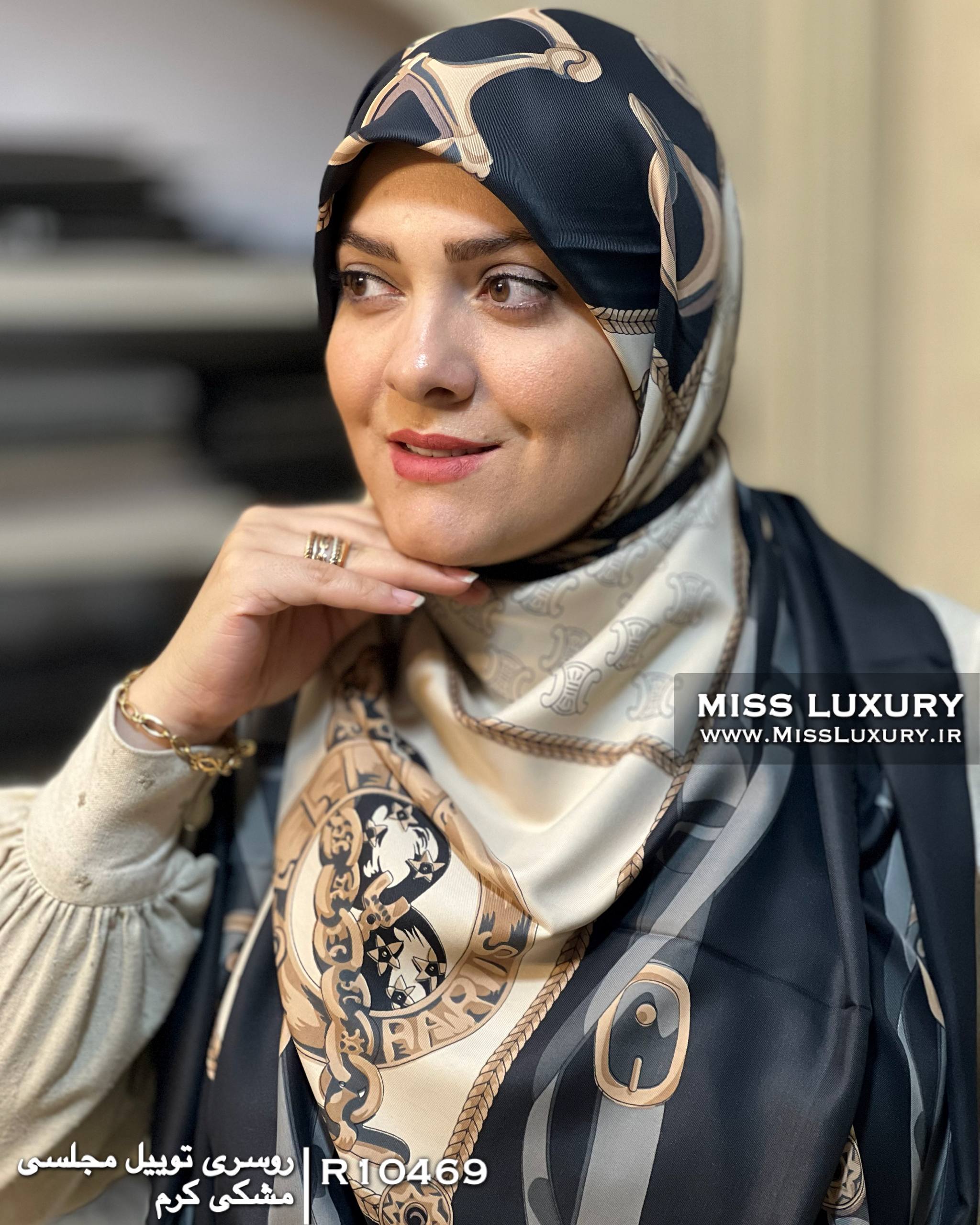 روسری توییل مجلسی مشکی کرم R10469 - Image 2