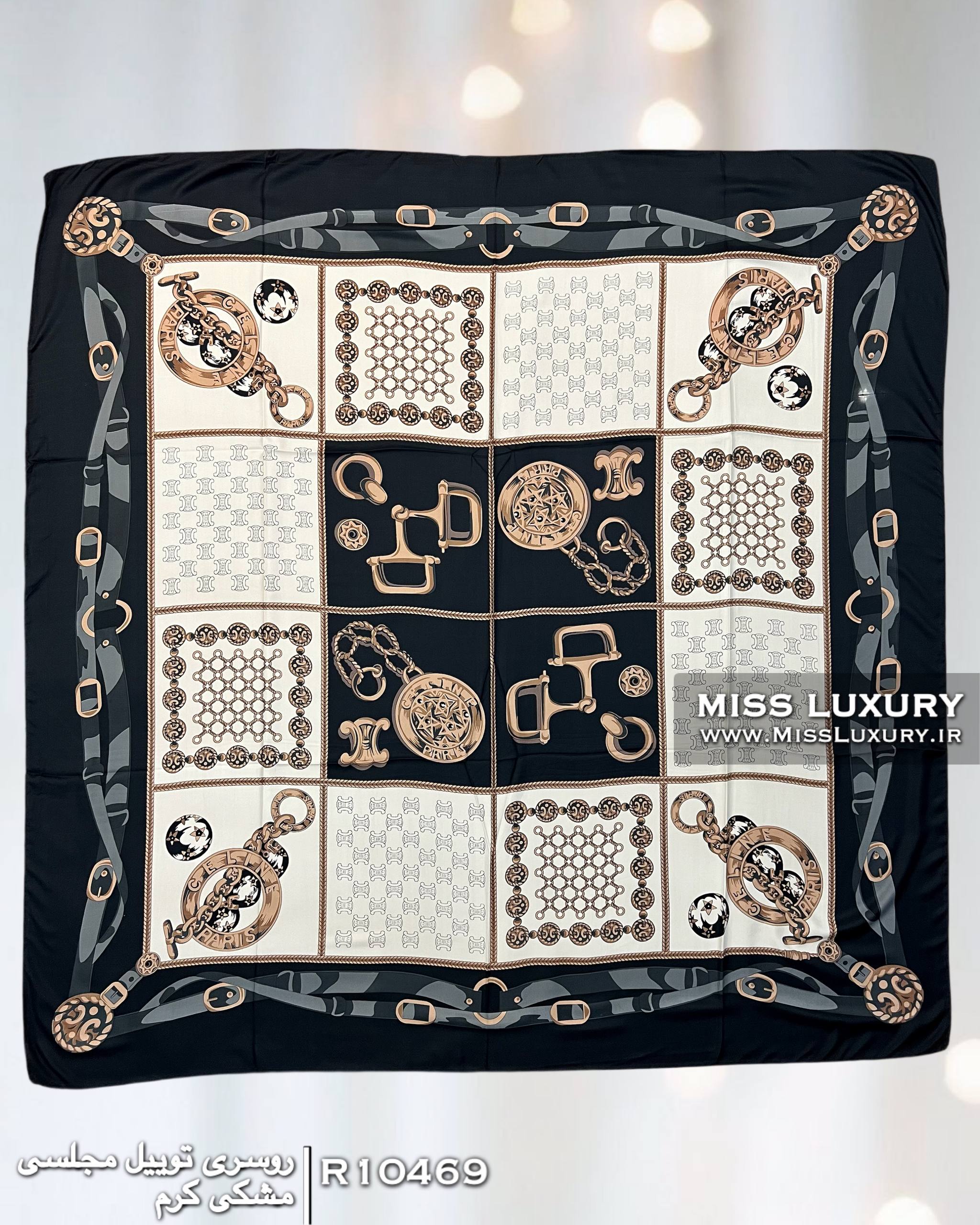 روسری توییل مجلسی مشکی کرم R10469 - Image 3