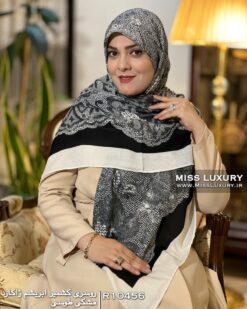روسری کشمیر ابریشم ژاکارد مشکی طوسی میس لاکچری