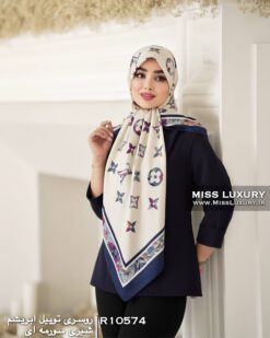 روسری توییل ابریشم شیری سورمه ای میس لاکچری