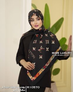 روسری توییل ابریشم مشکی کرم میس لاکچری