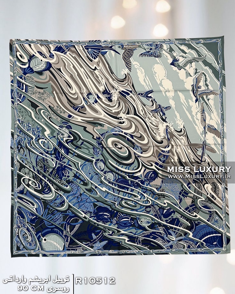 روسری توییل ابریشم آبی سفید R10512 - Image 2